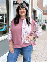 Curvy Mixed Fabric Floral Waffle Knit Top