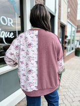 Curvy Mixed Fabric Floral Waffle Knit Top