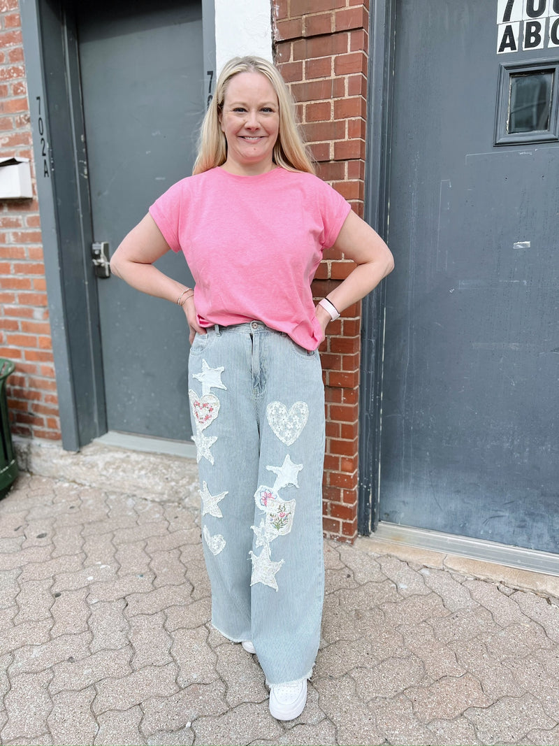 Striped Denim Wide Leg Pants with Heart and Star Patchwork