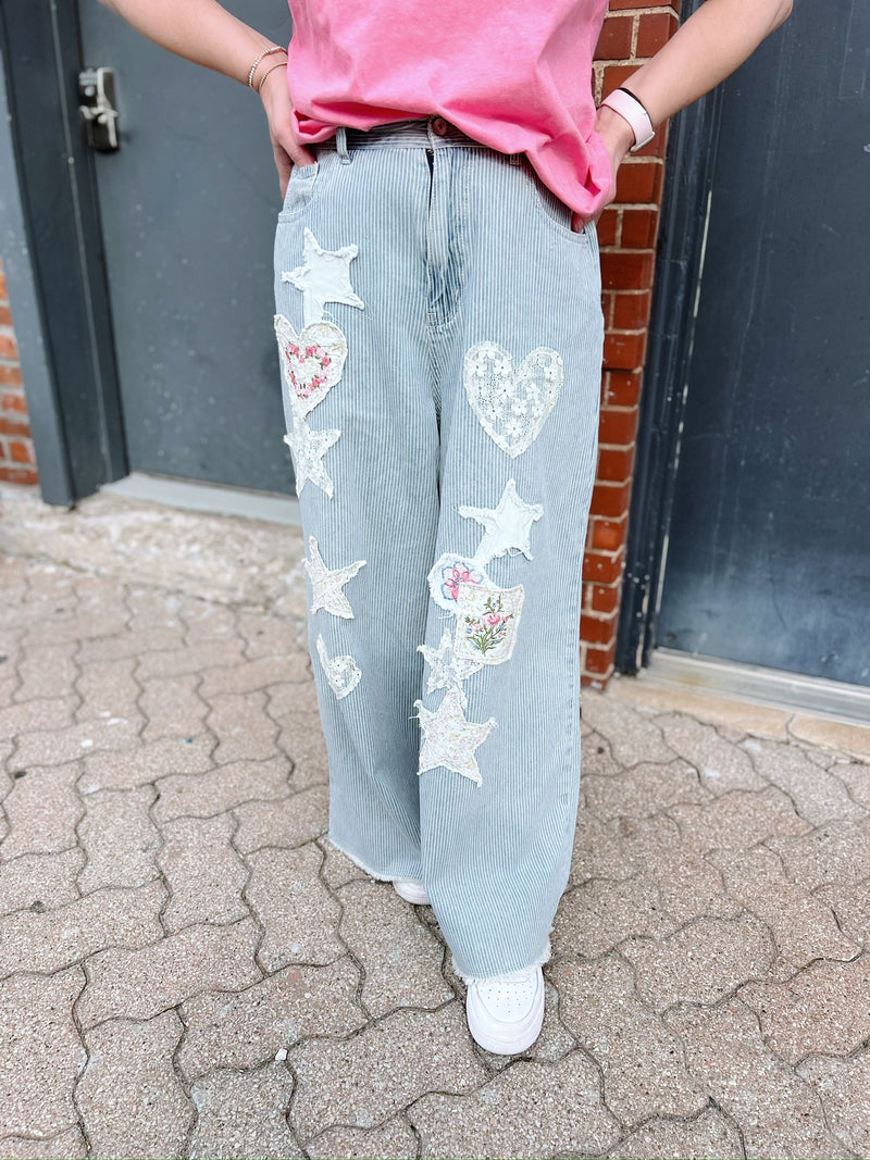 Striped Denim Wide Leg Pants with Heart and Star Patchwork