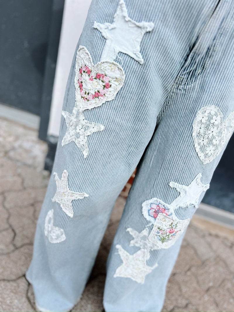 Striped Denim Wide Leg Pants with Heart and Star Patchwork