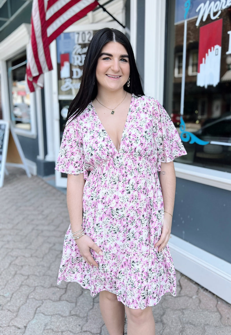 Pink Plunge Neck Mini Dress with Flutter Bell Sleeves