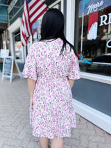 Pink Plunge Neck Mini Dress with Flutter Bell Sleeves