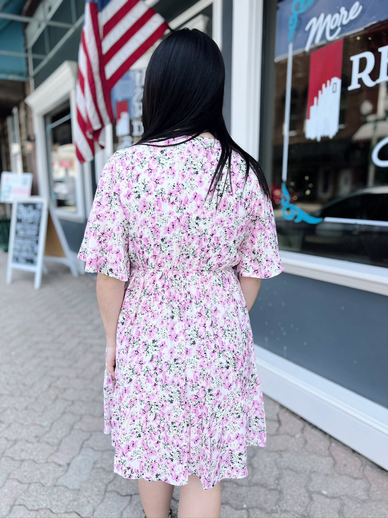 Pink Plunge Neck Mini Dress with Flutter Bell Sleeves