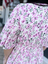 Pink Plunge Neck Mini Dress with Flutter Bell Sleeves