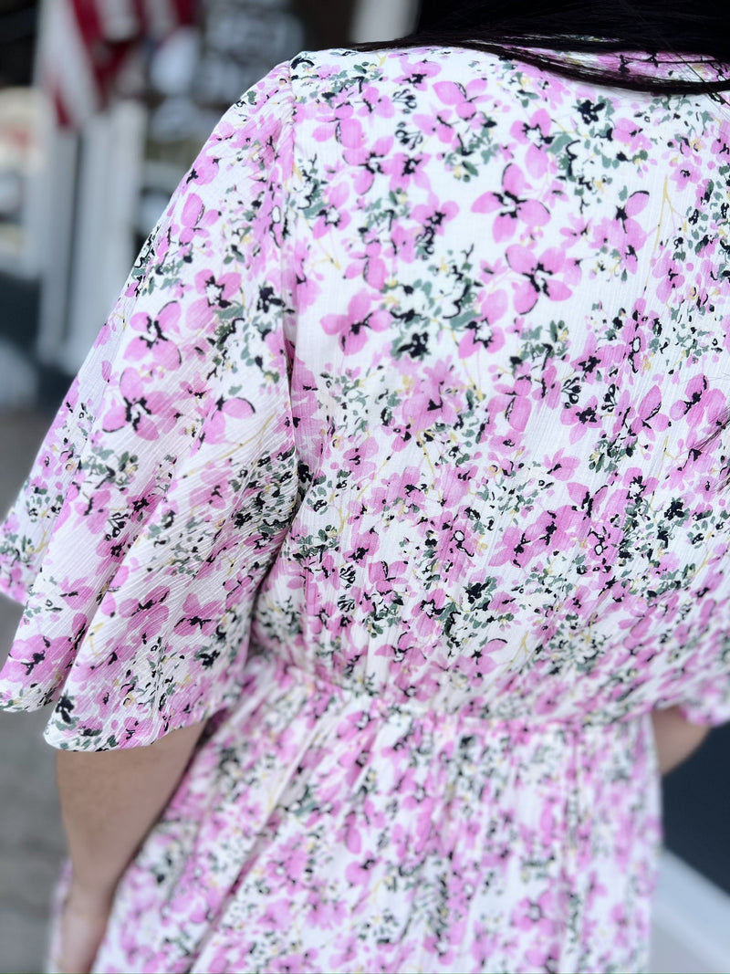 Pink Plunge Neck Mini Dress with Flutter Bell Sleeves