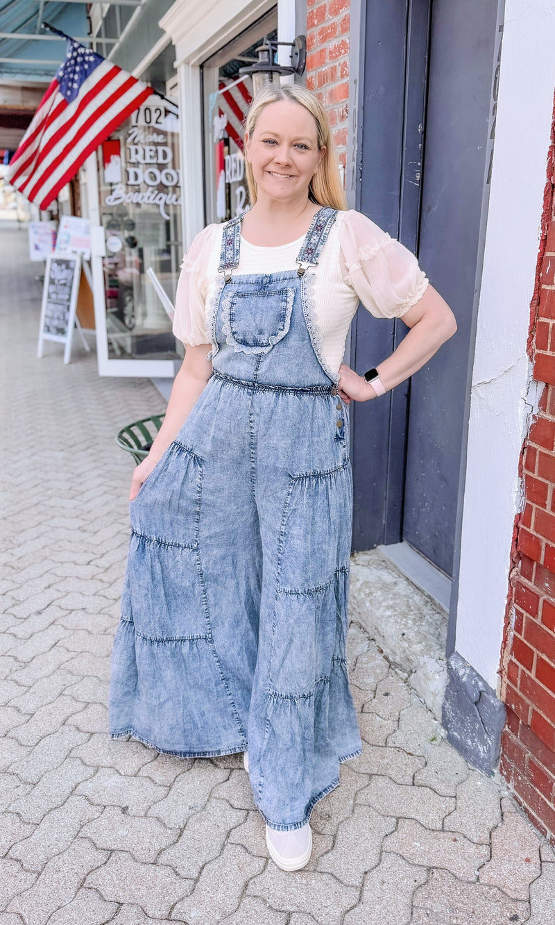 Denim Washed Lace Jumpsuit with Floral Straps
