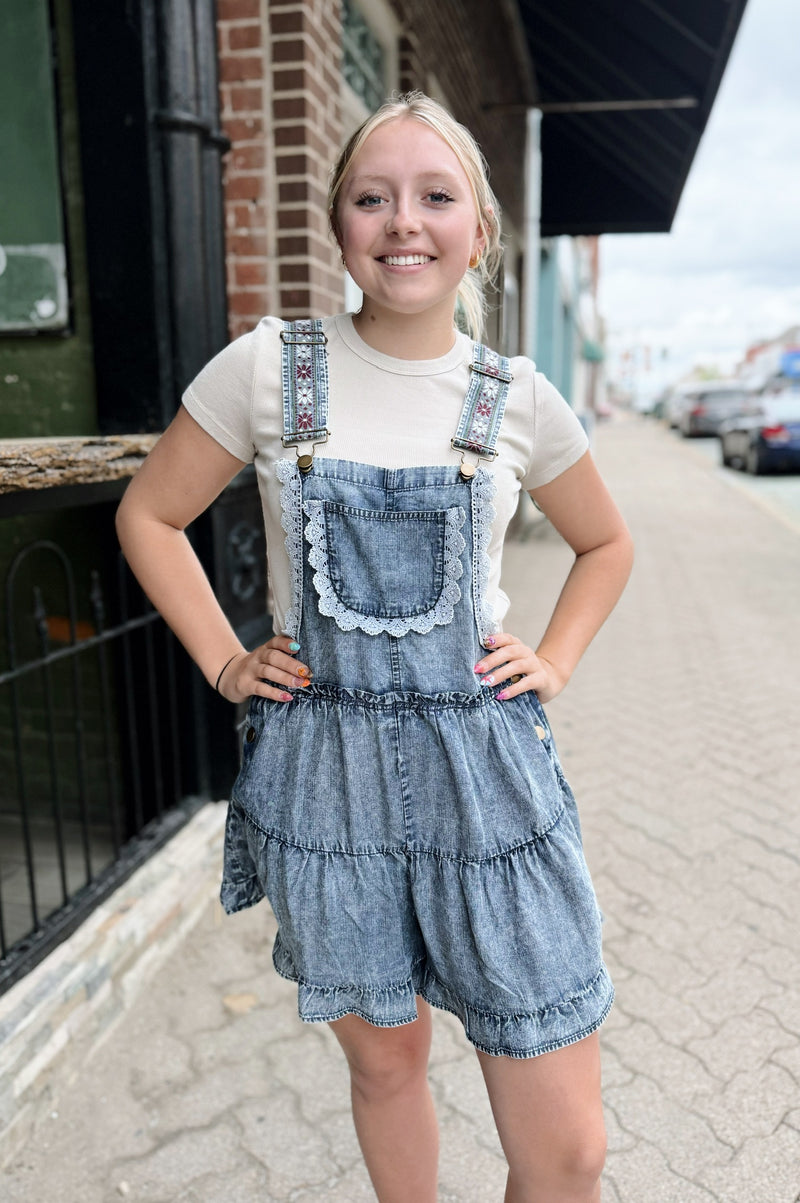 Denim Washed Lace Romper with Floral Straps