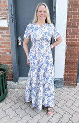 Cream and Blue Floral Printed Maxi Dress with Half Sleeves