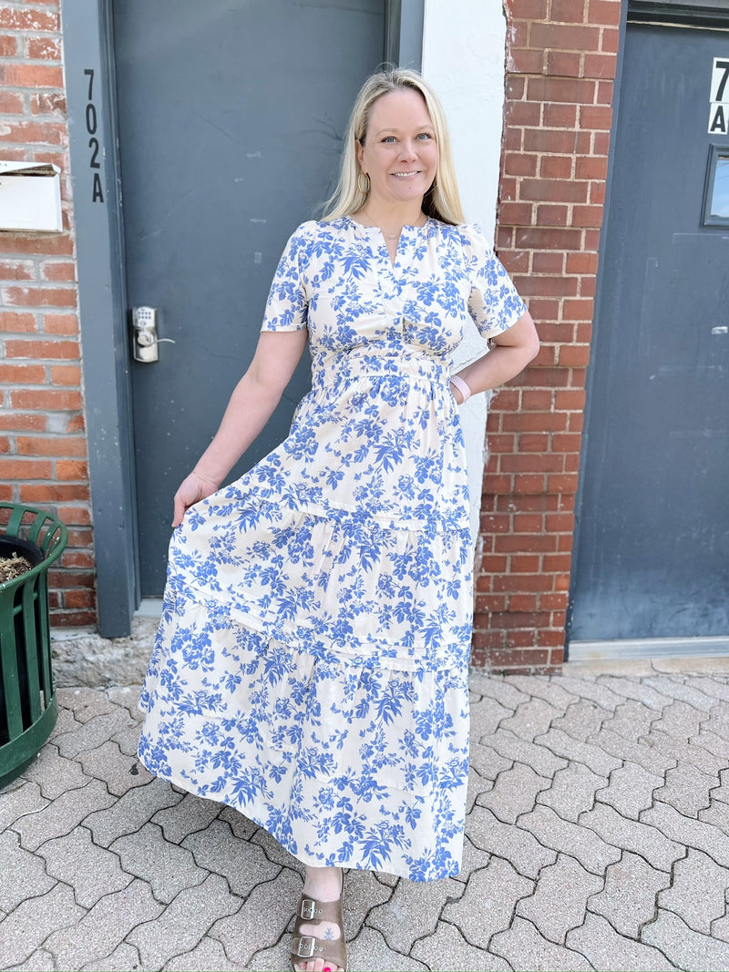 Cream and Blue Floral Printed Maxi Dress with Half Sleeves
