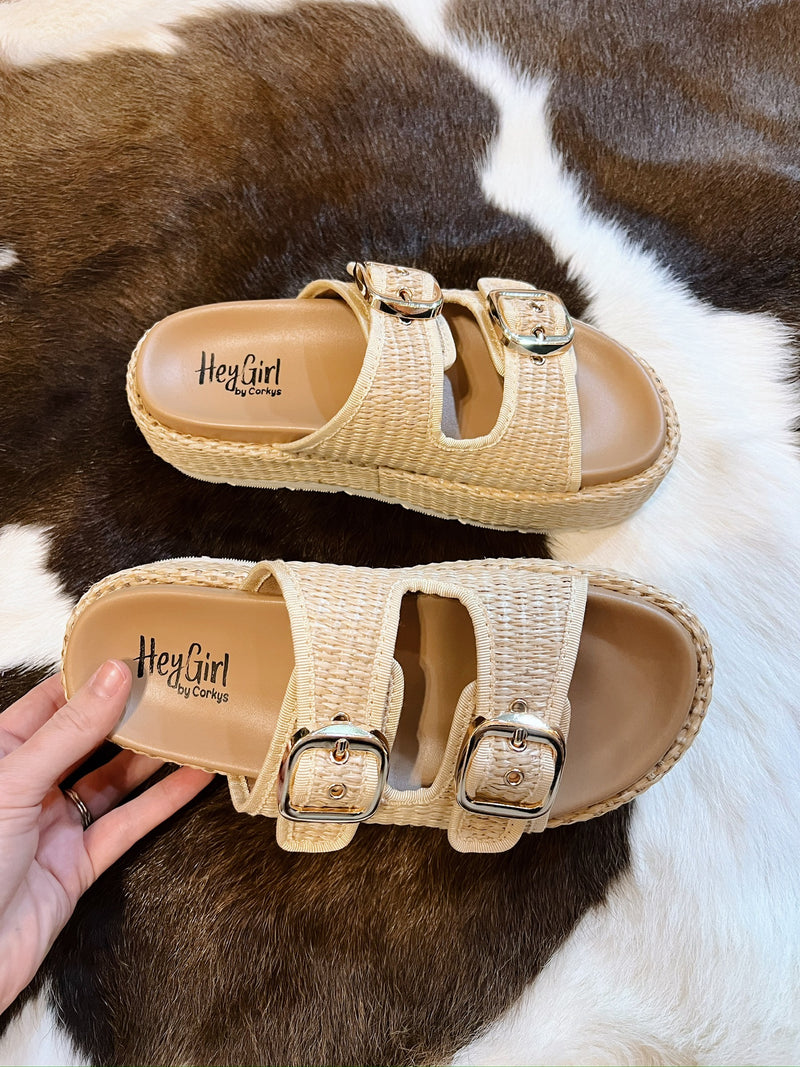 No Filter Rattan Sandal with Gold Buckles