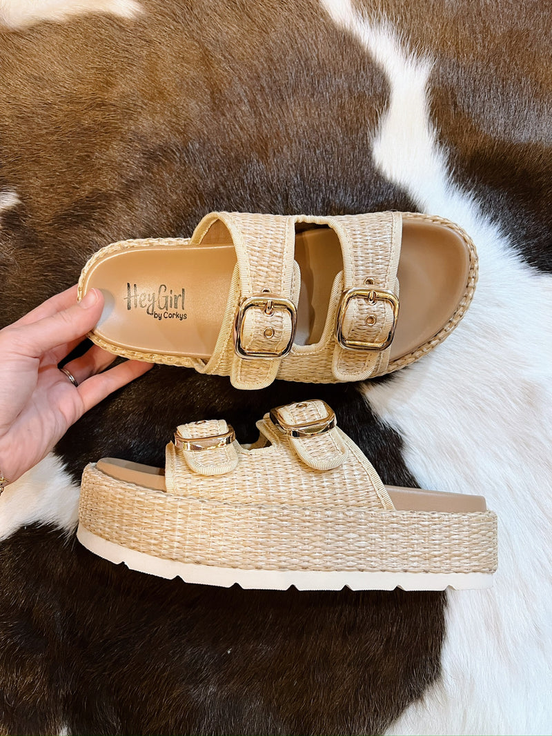 No Filter Rattan Sandal with Gold Buckles