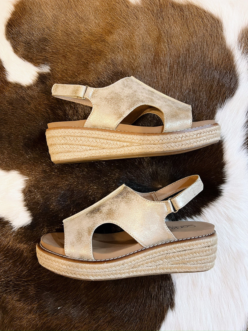 Mindy's Gold Wedge with Rope Accents