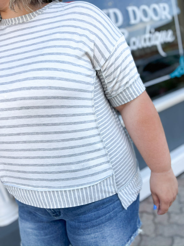Curvy White & Gray Round Neck Short Sleeve Striped Top