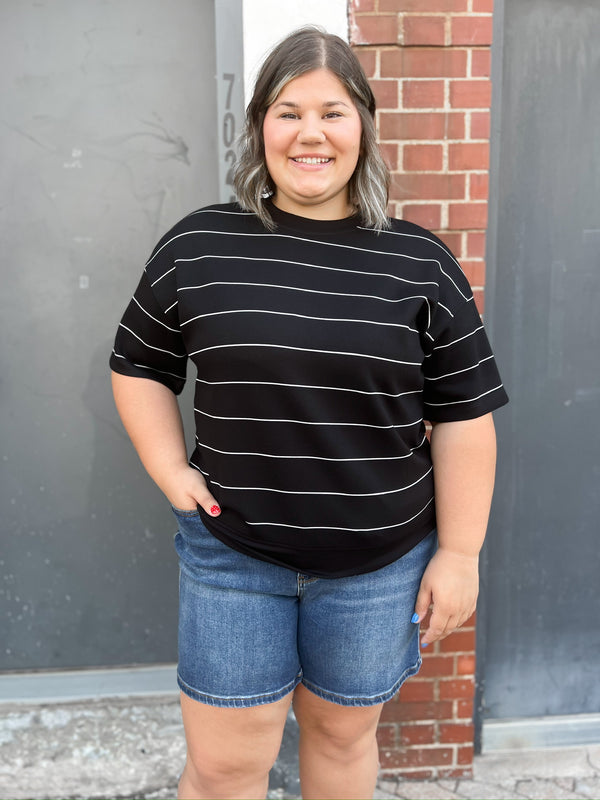 Curvy Black Modal White Stripe Crew Neck Top