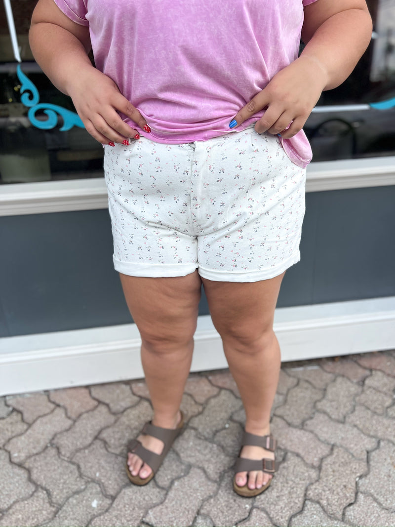 Curvy White Floral Ditsy Cotton Twill Shots Cuff Bottom