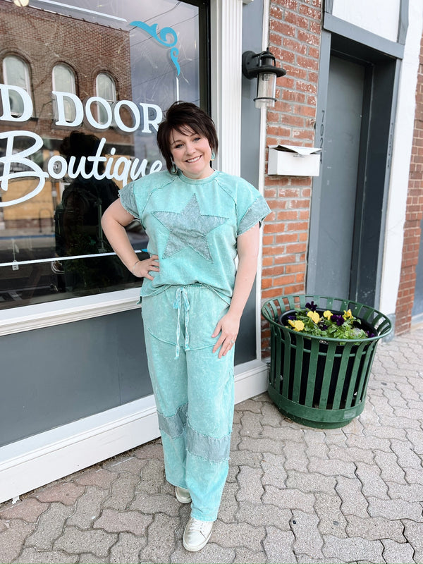 Mineral Washed Denim Patch Wide Leg Pants