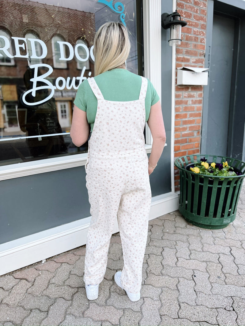 Oatmeal Pink and Green Floral Overalls