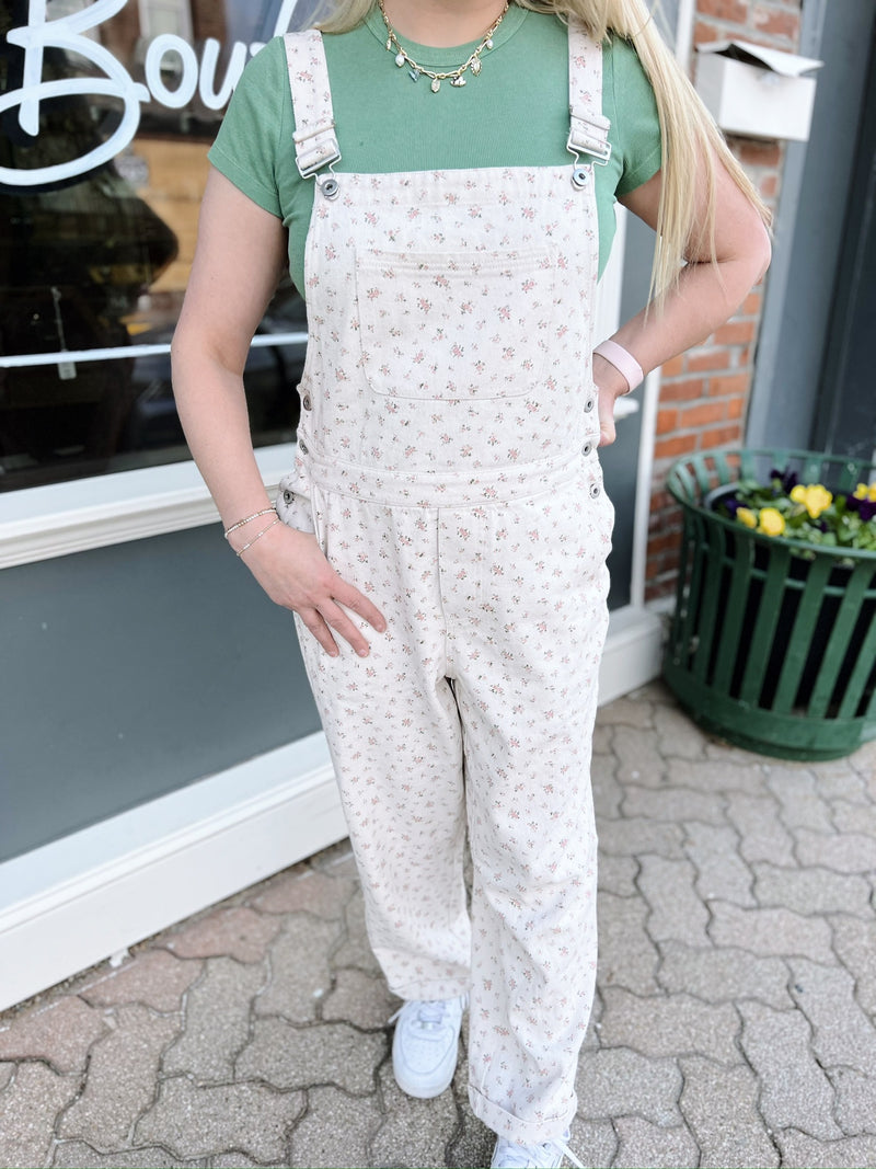 Oatmeal Pink and Green Floral Overalls