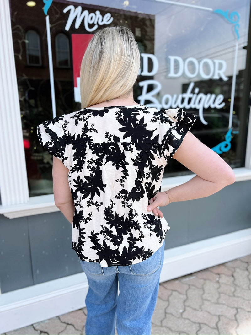 Floral Printed Top with Wave Trim and Smocking Details