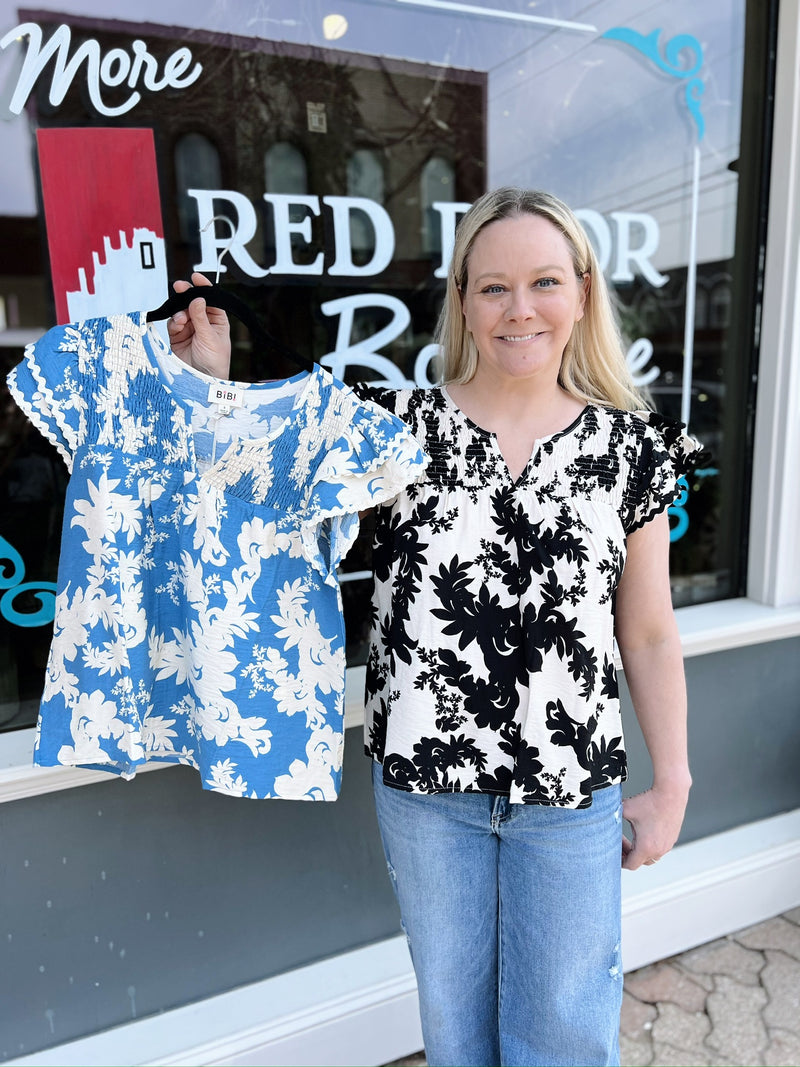 Floral Printed Top with Wave Trim and Smocking Details