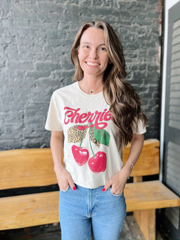 Cream Crop Tee W/ Leopard Cherries Graphic