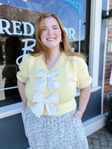 Yellow Short Puff Sleeve Bow Sweater Top