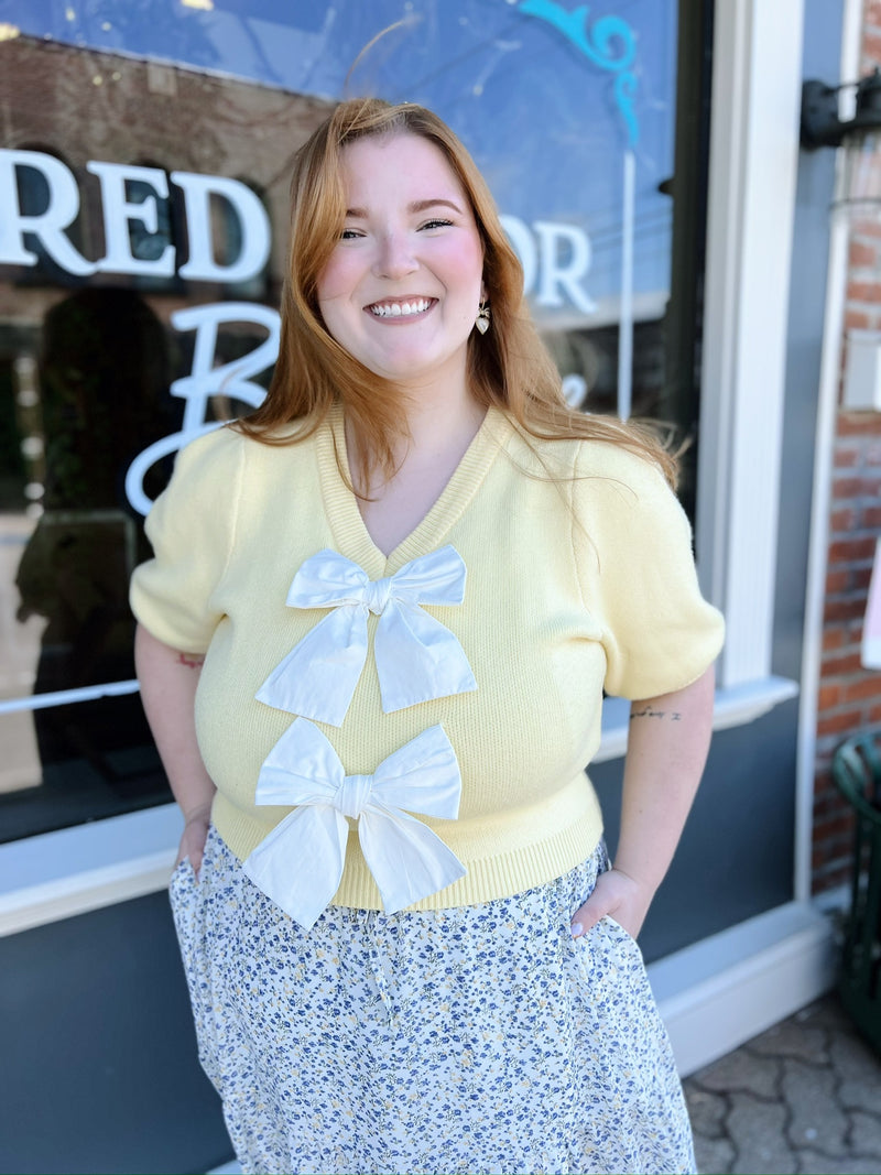 Yellow Short Puff Sleeve Bow Sweater Top