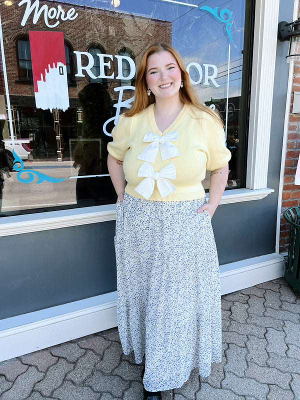 Curvy Ivory with Blue and Yellow Floral Skirt