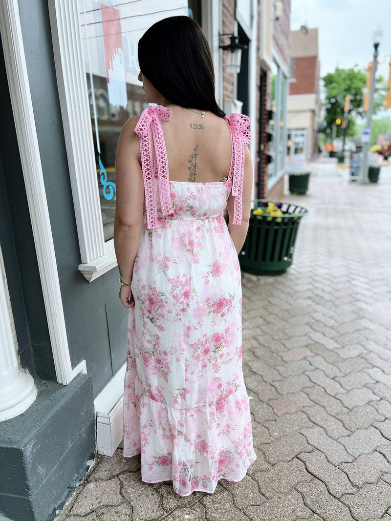 Pink Floral Crochet Strap Maxi Dress