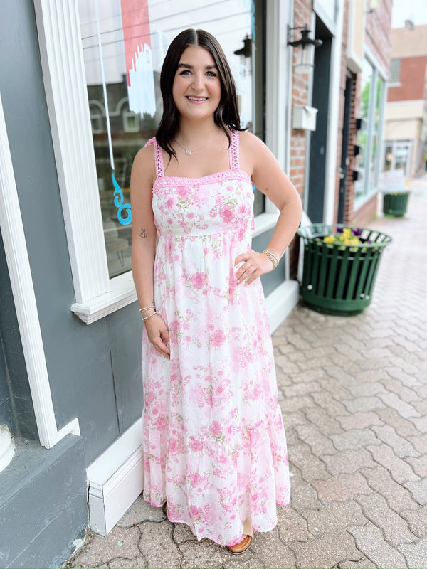 Pink Floral Crochet Strap Maxi Dress
