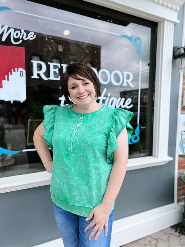 Mineral Washed Terry Cloth Top with Flutter Sleeves