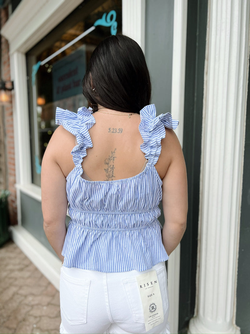 Blue Striped Sleeveless Ruffle Cinch Top