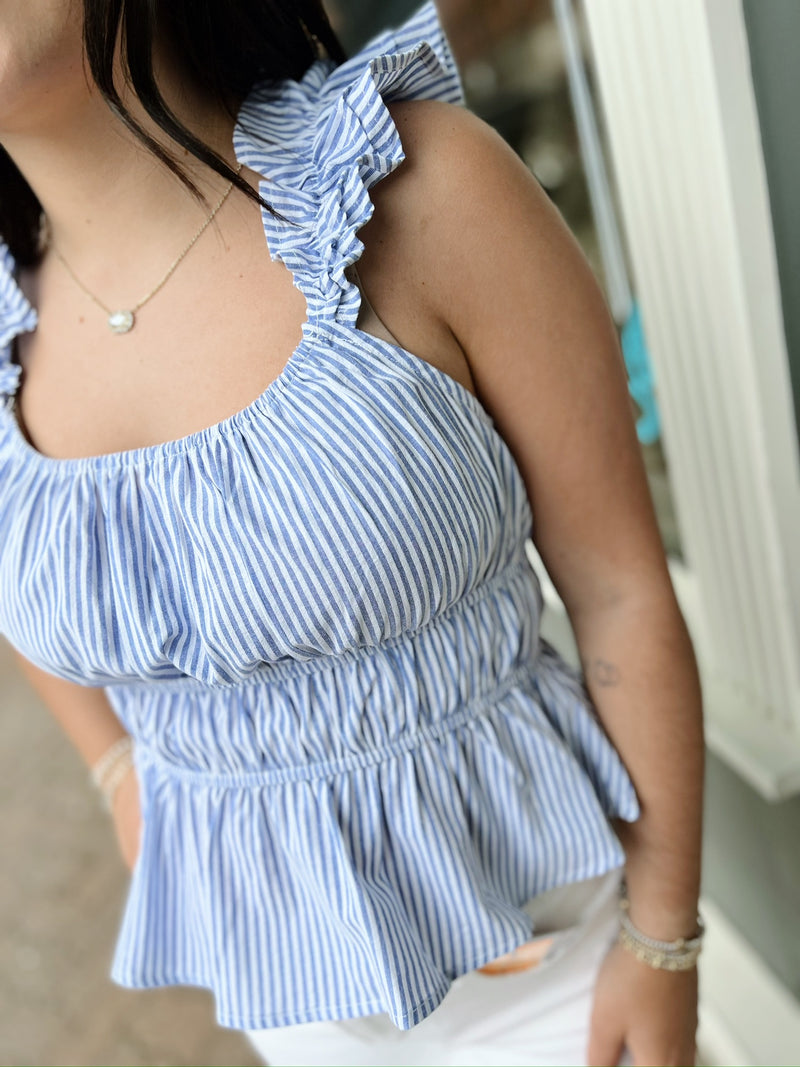 Blue Striped Sleeveless Ruffle Cinch Top