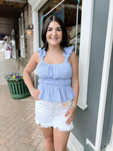 Blue Striped Sleeveless Ruffle Cinch Top