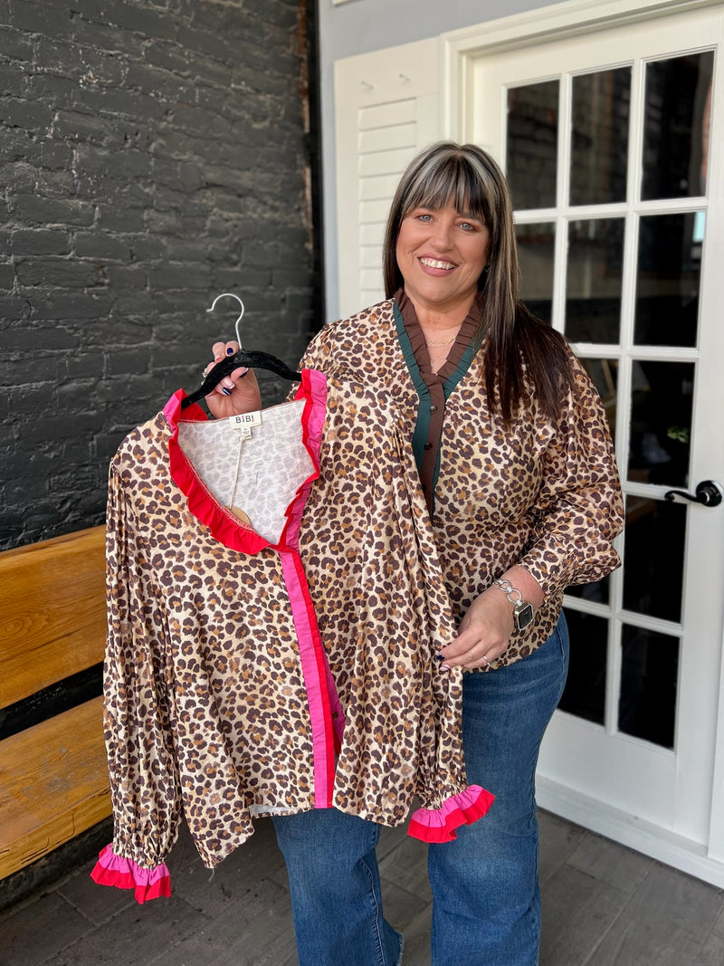 Leopard Printed Top With Colorful Pleated Trim