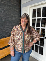Curvy Latte Ruffle Trim Leopard Print Blouse