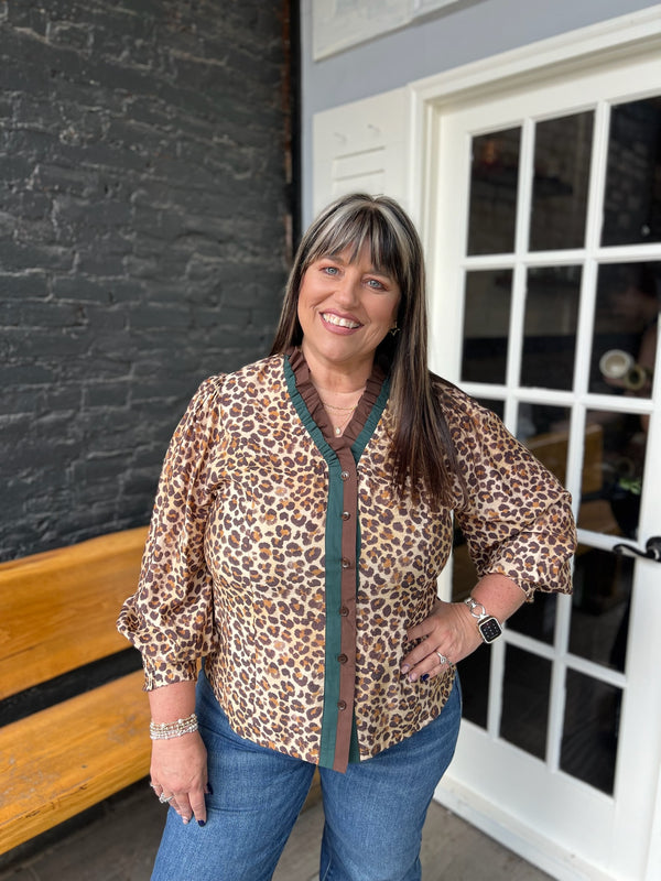 Curvy Latte Ruffle Trim Leopard Print Blouse