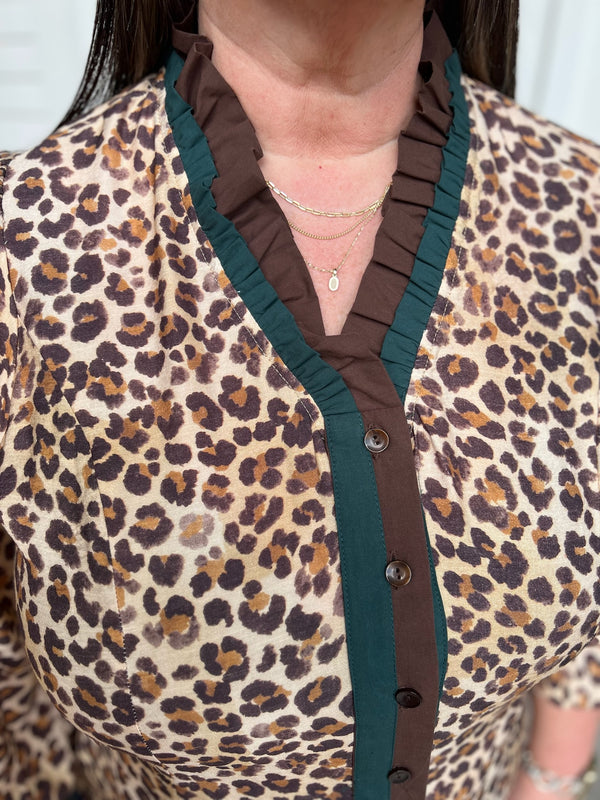 Curvy Latte Ruffle Trim Leopard Print Blouse