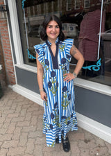 Blue Floral Striped Midi Dress
