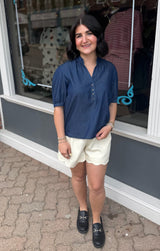 Dark Denim Ruffled Split V-Neck Top