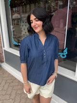 Dark Denim Ruffled Split V-Neck Top