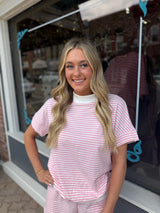 Pink And White Stripe Tee And Drawstring Short Set