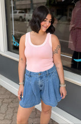 Denim Pleated Flowy Shorts