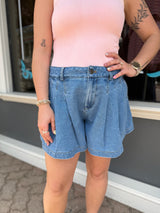 Denim Pleated Flowy Shorts