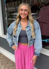 Denim Cropped Jacket with Bow pockets