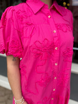 Hot Pink Short Puff Sleeve 3D Floral Dress