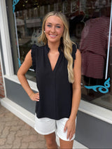 Black V Neck Ruffle Shoulder Top
