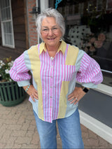 Pink Stripe Mix Button Front Top