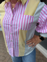 Pink Stripe Mix Button Front Top